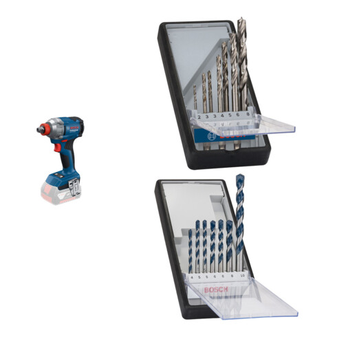 Set Bosch Akku-Drehschlagschrauber GDX 18V-285 + 7tlg. Robust Line Holzspiralbohrer-Set + 7tlg. Robust Line Betonbohrer-Set