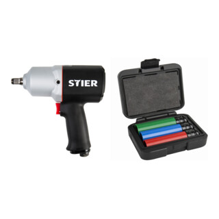 Set Stier Schlagschrauber 15-PC, 1/2'' Antrieb + STIER Kraft-Steckschlüssel-Satz Profi+ extra lang 1/2'' SW 17/19/21 mm