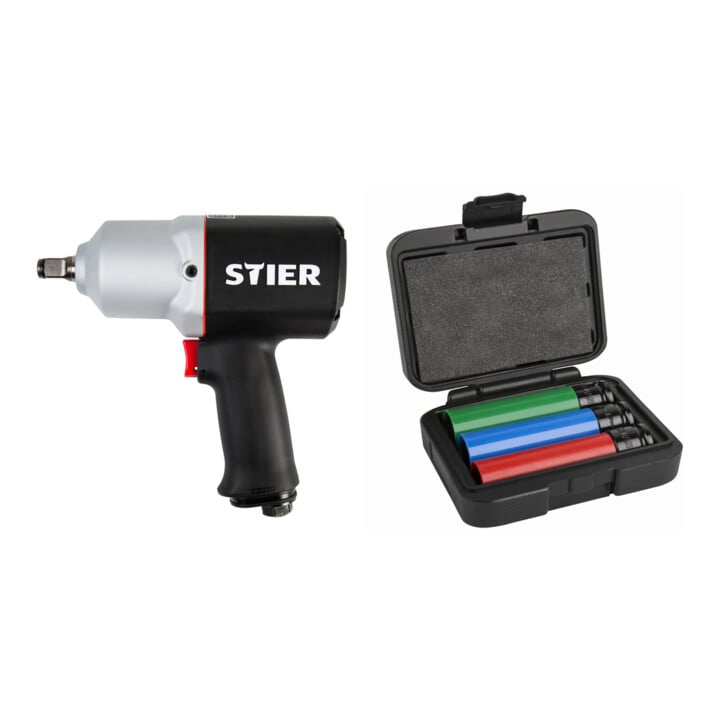 Set Stier Schlagschrauber 15-PC, 1/2'' Antrieb + STIER Kraft-Steckschlüssel-Satz Profi+ extra lang 1/2'' SW 17/19/21 mm