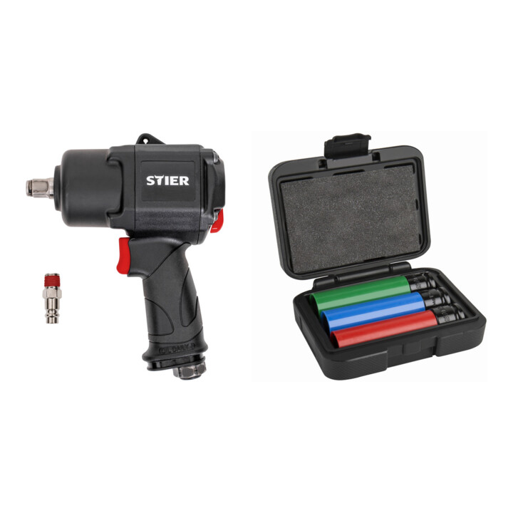 Set STIER Schlagschrauber 22-DH, 1/2" Antrieb max. Lösenmoment: 2.200 Nm + STIER Kraft-Steckschlüssel-Satz Profi+ extra lang 1/2'' SW 17/19/21 mm