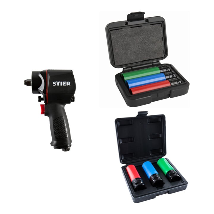 Set Stier Schlagschrauber 14-KBS 1/2'' Antrieb + Stier Kraft-Steckschlüssel-Satz 1/2'' SW 17/19/21 mm im Kasten + STIER Kraft-Steckschlüssel-Satz Profi+ extra lang 1/2'' SW 17/19/21 mm