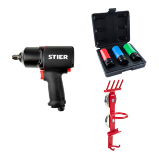 Set Stier Schlagschrauber 17-BS, 1/2'' Antrieb + Kraft-Steckschlüssel-Satz 1/2'' SW 17/19/21 mm im Kasten + Magnet-Halter für Schlagschrauber & Stecknüsse Werkstattausrüstung