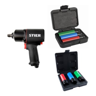 Set Stier Schlagschrauber 17-BS, 1/2'' Antrieb + Stier Kraft-Steckschlüssel-Satz 1/2'' SW 17/19/21 mm im Kasten + STIER Kraft-Steckschlüssel-Satz Profi+ extra lang 1/2'' SW 17/19/21 mm