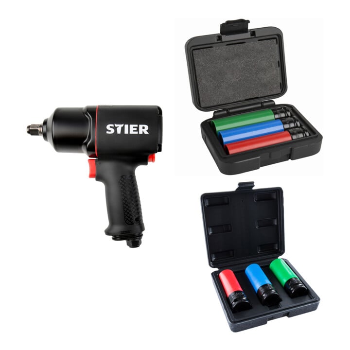 Set Stier Schlagschrauber 17-BS, 1/2'' Antrieb + Stier Kraft-Steckschlüssel-Satz 1/2'' SW 17/19/21 mm im Kasten + STIER Kraft-Steckschlüssel-Satz Profi+ extra lang 1/2'' SW 17/19/21 mm