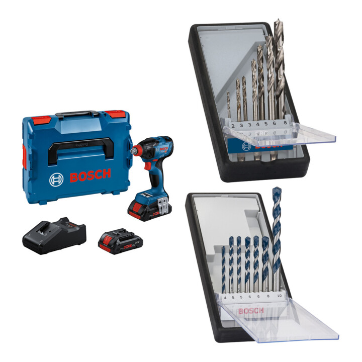 Set Bosch Akku-Drehschlagschrauber GDX 18V-210 C + 7tlg. Robust Line Holzspiralbohrer-Set + 7tlg. Robust Line Betonbohrer-Set