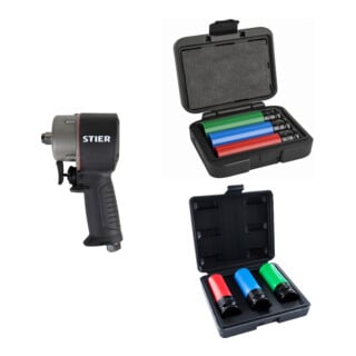 Set STIER Schlagschrauber 13-MBS 1/2'' Antrieb extrem kurz max. Lösenmoment 1.275 N + Stier Kraft-Steckschlüssel-Satz 1/2'' SW 17/19/21 mm im Kasten + STIER Kraft-Steckschlüssel-Satz Profi+ extra lang 1/2'' SW 17/19/21 mm