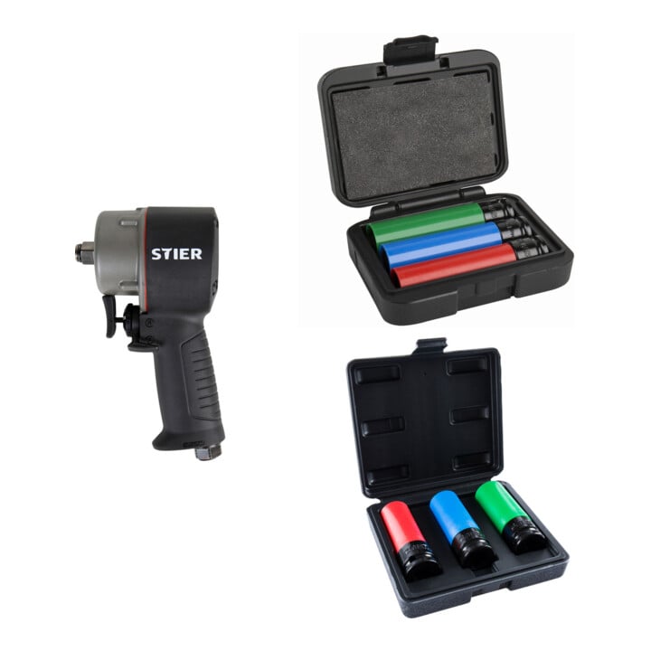 Set STIER Schlagschrauber 13-MBS 1/2'' Antrieb extrem kurz max. Lösenmoment 1.275 N + Stier Kraft-Steckschlüssel-Satz 1/2'' SW 17/19/21 mm im Kasten + STIER Kraft-Steckschlüssel-Satz Profi+ extra lang 1/2'' SW 17/19/21 mm