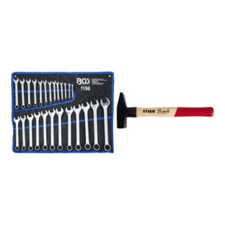 Set BGS Jeu de clés à anneau, 6-32 mm, DIN 3113A, 25 pièces + STIER Marteau de serrurier Robust+ 500 g avec protection de manche DIN 1041