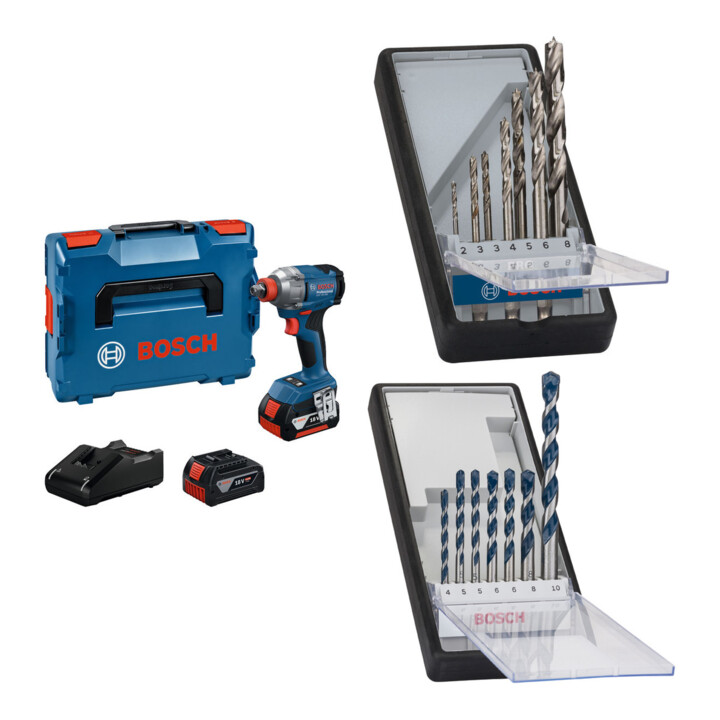 Set Bosch Akku-Drehschlagschrauber GDX 18V-285 + 7tlg. Robust Line Holzspiralbohrer-Set + 7tlg. Robust Line Betonbohrer-Set
