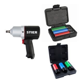 Set Stier Schlagschrauber 15-PC, 1/2'' Antrieb + Stier Kraft-Steckschlüssel-Satz 1/2'' SW 17/19/21 mm im Kasten + STIER Kraft-Steckschlüssel-Satz Profi+ extra lang 1/2'' SW 17/19/21 mm