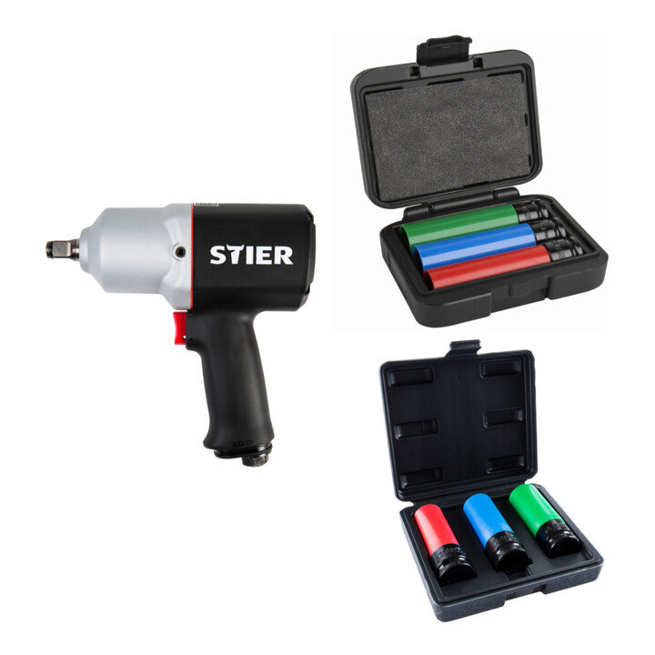 Set Stier Schlagschrauber 15-PC, 1/2'' Antrieb + Stier Kraft-Steckschlüssel-Satz 1/2'' SW 17/19/21 mm im Kasten + STIER Kraft-Steckschlüssel-Satz Profi+ extra lang 1/2'' SW 17/19/21 mm
