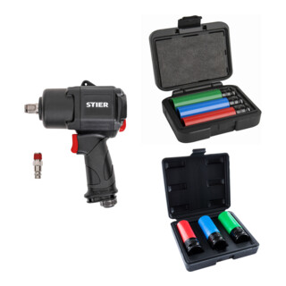 Set STIER Schlagschrauber 22-DH, 1/2" Antrieb max. Lösenmoment: 2.200 Nm + Stier Kraft-Steckschlüssel-Satz 1/2'' SW 17/19/21 mm im Kasten + STIER Kraft-Steckschlüssel-Satz Profi+ extra lang 1/2'' SW 17/19/21 mm