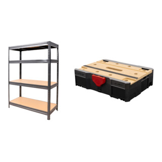 Set STIER Schwerlast-Fachbodenregal Fachlast 500kg HxBxT 1770x1800x600 mm + Systainer® T-LOC MFT BLACK-Edition