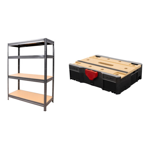 Set STIER Schwerlast-Fachbodenregal Fachlast 500kg HxBxT 1770x1800x600 mm + Systainer® T-LOC MFT BLACK-Edition