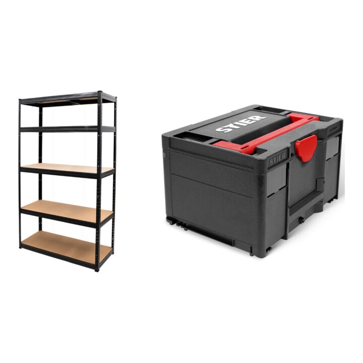 Set STIER Steck-Fachbodenregal Fachlast 250kg HxBxT 1800x1200x450 mm + Systainer³ III Black Edition