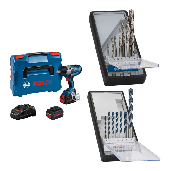 Set Bosch Akku-Drehschlagschrauber GDS 18V-1050 H + 7tlg. Robust Line Holzspiralbohrer-Set + 7tlg. Robust Line Betonbohrer-Set