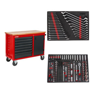 Set STIER Fahrbare Werkbank mit 7 Schubladen und 1 Tür + Steckschlüssel-Satz 1/4'' 3/8'' 1/2'' 179-teilig + Ringmaul- & Doppelringschlüsse