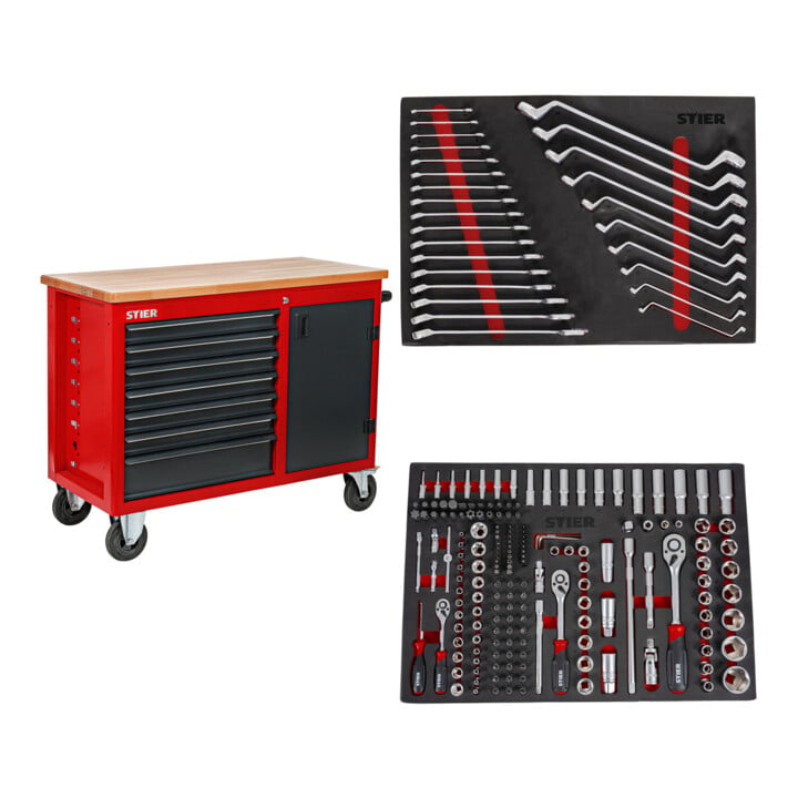 Set STIER Fahrbare Werkbank mit 7 Schubladen und 1 Tür + Steckschlüssel-Satz 1/4'' 3/8'' 1/2'' 179-teilig + Ringmaul- & Doppelringschlüsse