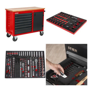 Set STIER Fahrbare Werkbank mit 7 Schubladen und 1 Tür + Universal-Werkzeugsatz 18-teilig + Schraubendreher & Zangensatz 17-teilig + Steckschlüssel-Satz 1/4'' 3/8'' 1/2'' 179-teilig