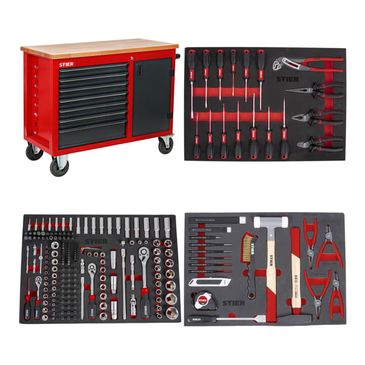 Set STIER Fahrbare Werkbank mit 7 Schubladen und 1 Tür + Universal-Werkzeugsatz 18-teilig + Schraubendreher & Zangensatz 17-teilig + Steckschlüssel-Satz 1/4'' 3/8'' 1/2'' 179-teilig