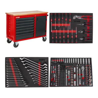 Set STIER Fahrbare Werkbank mit 7 Schubladen und 1 Tür + Schraubendreher & Zangensatz 17-teilig + Steckschlüssel-Satz 1/4'' 3/8'' 1/2'' 179-teilig + Ringmaul- & Doppelringschlüsse