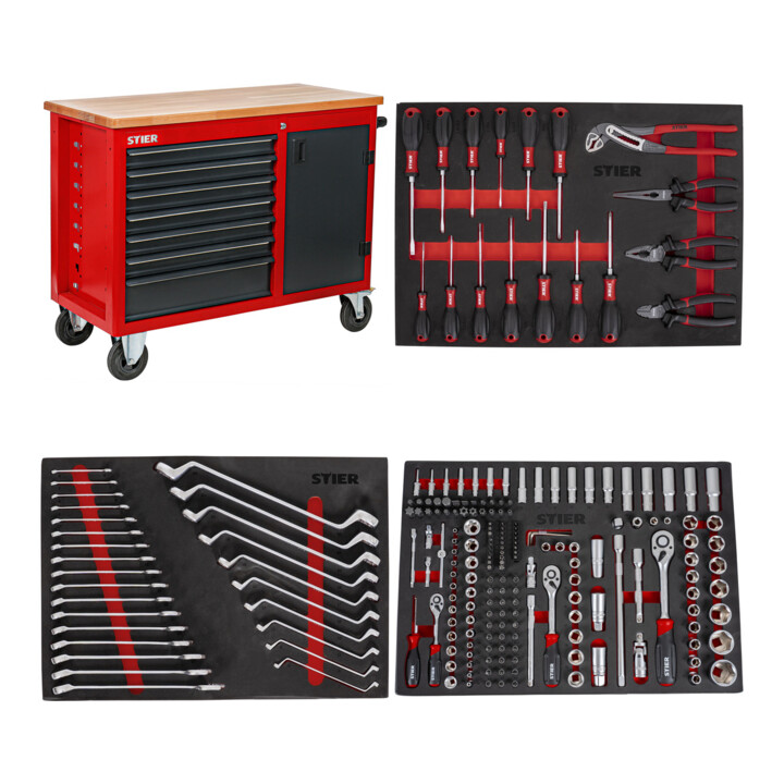 Set STIER Fahrbare Werkbank mit 7 Schubladen und 1 Tür + Schraubendreher & Zangensatz 17-teilig + Steckschlüssel-Satz 1/4'' 3/8'' 1/2'' 179-teilig + Ringmaul- & Doppelringschlüsse