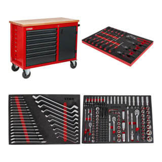 Set STIER Fahrbare Werkbank mit 7 Schubladen und 1 Tür + Schraubendreher & Zangensatz 17-teilig + Steckschlüssel-Satz 1/4'' 3/8'' 1/2'' 179-teilig + Ringmaul- & Doppelringschlüsse