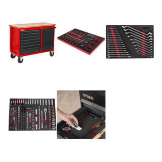 Set STIER Fahrbare Werkbank mit 7 Schubladen und 1 Tür + Universal-Werkzeugsatz 18-teilig + Schraubendreher & Zangensatz 17-teilig + Steckschlüssel-Satz 1/4'' 3/8'' 1/2'' 179-teilig + Ringmaul- & Doppelringschlüsse
