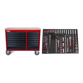 Set STIER Fahrbare Werkbank 12 Schubladen leer + Steckschlüssel-Satz 1/4'' 3/8'' 1/2'' 179-teilig