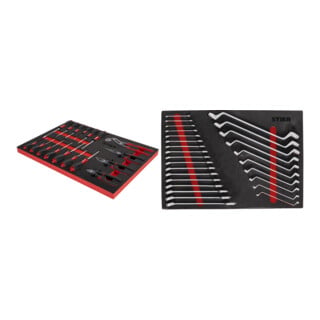 Set STIER Fahrbare Werkbank 12 Schubladen leer + Schraubendreher & Zangensatz 17-teilig + Steckschlüssel-Satz 1/4'' 3/8'' 1/2'' 179-teilig + Ringmaul- & Doppelringschlüsse