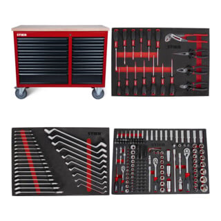 Set STIER Fahrbare Werkbank 12 Schubladen leer + Schraubendreher & Zangensatz 17-teilig + Steckschlüssel-Satz 1/4'' 3/8'' 1/2'' 179-teilig + Ringmaul- & Doppelringschlüsse