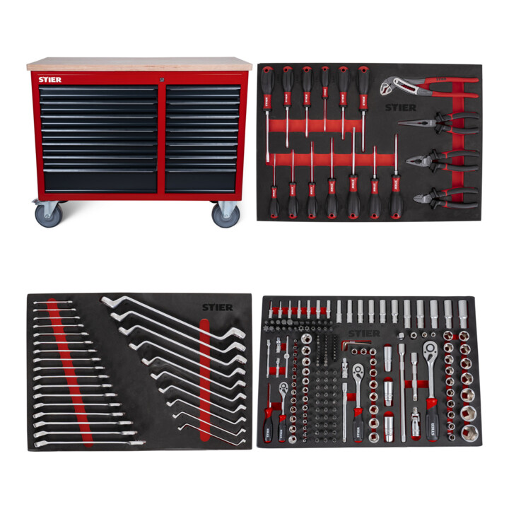 Set STIER Fahrbare Werkbank 12 Schubladen leer + Schraubendreher & Zangensatz 17-teilig + Steckschlüssel-Satz 1/4'' 3/8'' 1/2'' 179-teilig + Ringmaul- & Doppelringschlüsse