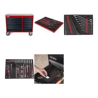 Set STIER Fahrbare Werkbank 12 Schubladen leer + Universal-Werkzeugsatz 18-teilig + Schraubendreher & Zangensatz 17-teilig + Steckschlüssel-Satz 1/4'' 3/8'' 1/2'' 179-teilig + Ringmaul- & Doppelringschlüsse