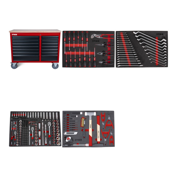 Set STIER Fahrbare Werkbank 12 Schubladen leer + Universal-Werkzeugsatz 18-teilig + Schraubendreher & Zangensatz 17-teilig + Steckschlüssel-Satz 1/4'' 3/8'' 1/2'' 179-teilig + Ringmaul- & Doppelringschlüsse