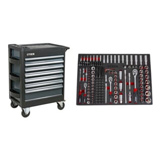 Set STIER Werkstattwagen Premium leer mit Kunststoffabdeckung + Steckschlüssel-Satz 1/4'' 3/8'' 1/2'' 179-teilig
