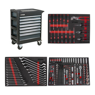 Set STIER Werkstattwagen Premium leer mit Kunststoffabdeckung + Schraubendreher & Zangensatz 17-teilig + Steckschlüssel-Satz 1/4'' 3/8'' 1/2'' 179-teilig + Ringmaul- & Doppelringschlüsse