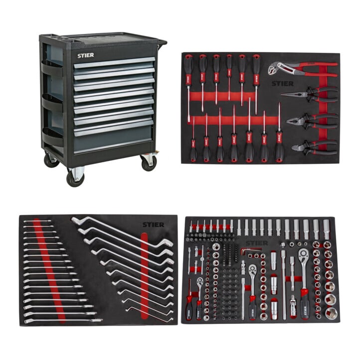 Set STIER Werkstattwagen Premium leer mit Kunststoffabdeckung + Schraubendreher & Zangensatz 17-teilig + Steckschlüssel-Satz 1/4'' 3/8'' 1/2'' 179-teilig + Ringmaul- & Doppelringschlüsse