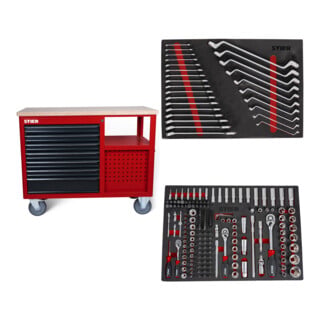 Set STIER Fahrbare Werkbank 7 Frontschubladen und 5 Seitschubladen leer + Steckschlüssel-Satz 1/4'' 3/8'' 1/2'' 179-teilig + Ringmaul- & Doppelringschlüsse