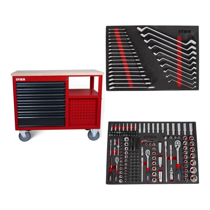 Set STIER Fahrbare Werkbank 7 Frontschubladen und 5 Seitschubladen leer + Steckschlüssel-Satz 1/4'' 3/8'' 1/2'' 179-teilig + Ringmaul- & Doppelringschlüsse