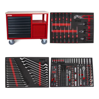 Set STIER Fahrbare Werkbank 7 Frontschubladen und 5 Seitschubladen leer + Schraubendreher & Zangensatz 17-teilig + Steckschlüssel-Satz 1/4'' 3/8'' 1/2'' 179-teilig + Ringmaul- & Doppelringschlüsse