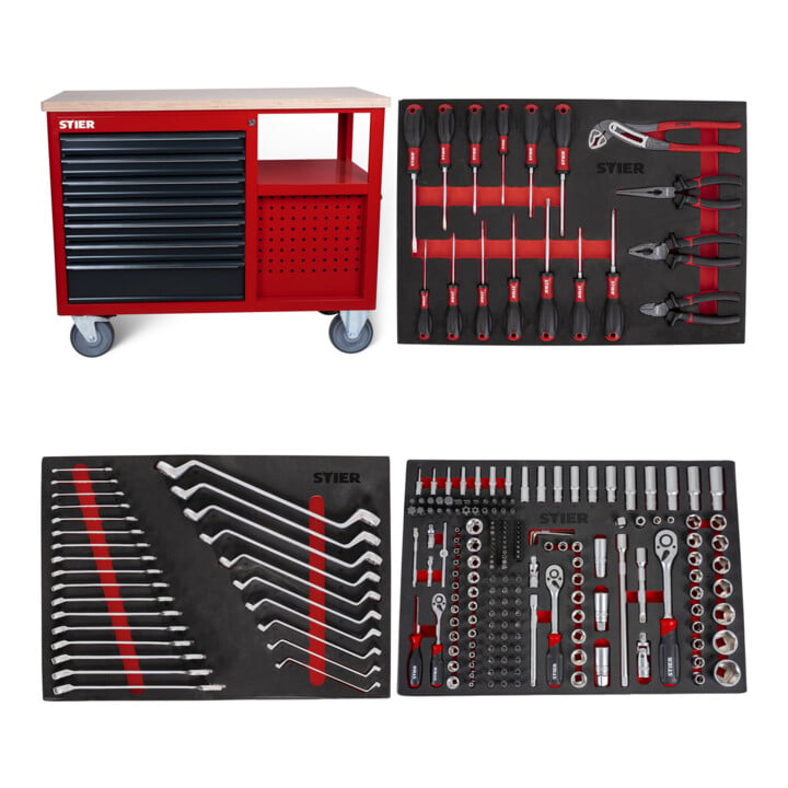 Set STIER Fahrbare Werkbank 7 Frontschubladen und 5 Seitschubladen leer + Schraubendreher & Zangensatz 17-teilig + Steckschlüssel-Satz 1/4'' 3/8'' 1/2'' 179-teilig + Ringmaul- & Doppelringschlüsse