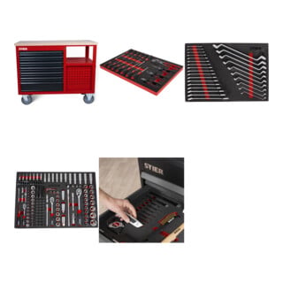 Set STIER Fahrbare Werkbank 7 Frontschubladen und 5 Seitschubladen leer + Universal-Werkzeugsatz 18-teilig + Schraubendreher & Zangensatz 17-teilig + Steckschlüssel-Satz 1/4'' 3/8'' 1/2'' 179-teilig + Ringmaul- & Doppelringschlüsse