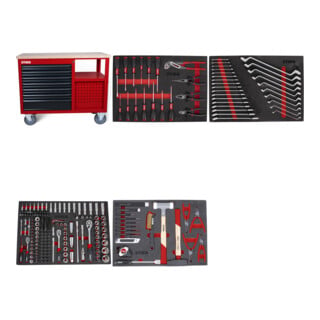 Set STIER Fahrbare Werkbank 7 Frontschubladen und 5 Seitschubladen leer + Universal-Werkzeugsatz 18-teilig + Schraubendreher & Zangensatz 17-teilig + Steckschlüssel-Satz 1/4'' 3/8'' 1/2'' 179-teilig + Ringmaul- & Doppelringschlüsse