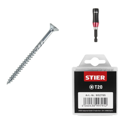 Set STIER Senkkopf-Spanplattenschraube 3,5x20 + Universalhalter KraftSpezial + TORX®-Bit-Großpackung T20