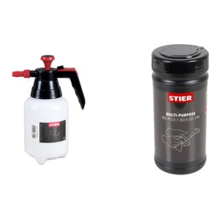 Set STIER Pumpsprühflasche für Bremsenreiniger mit Viton-Dichtung, 1 L + Industrielle Mehrzweck-Reinigungstücher, 80 Stück