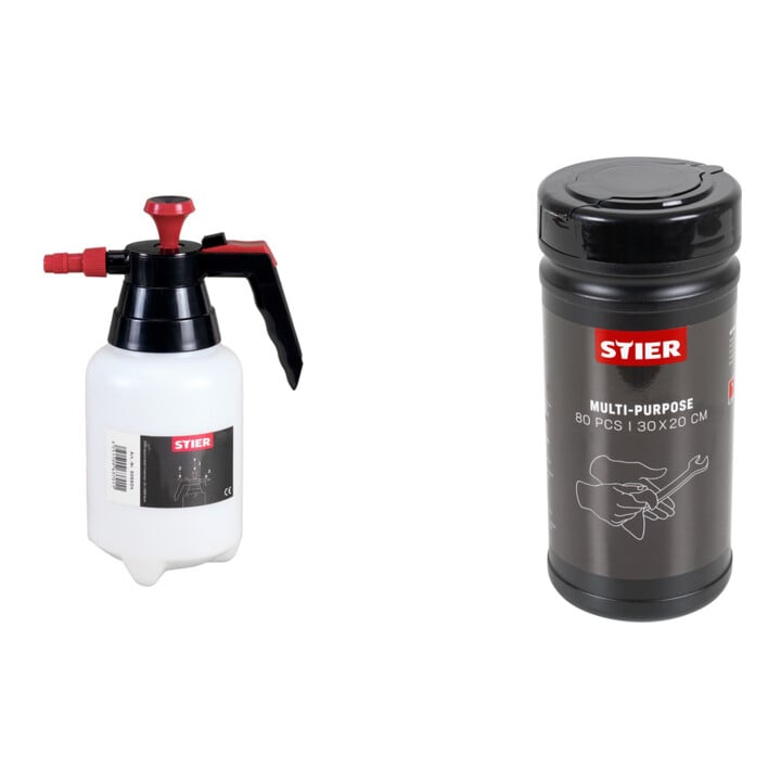 Set STIER Pumpsprühflasche für Bremsenreiniger mit Viton-Dichtung, 1 L + Industrielle Mehrzweck-Reinigungstücher, 80 Stück