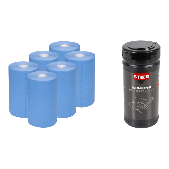 Set STIER Putzpapier-Rollen Basic 3-lagig L.30cm x B.23cm + Industrielle Mehrzweck-Reinigungstücher, 80 Stück