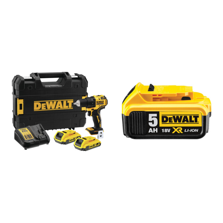 Set DeWalt Akku-Bohrschrauber 18 V, 2 Ah DCD708D2T-QW + Ersatz-Akku DCB184-XJ
