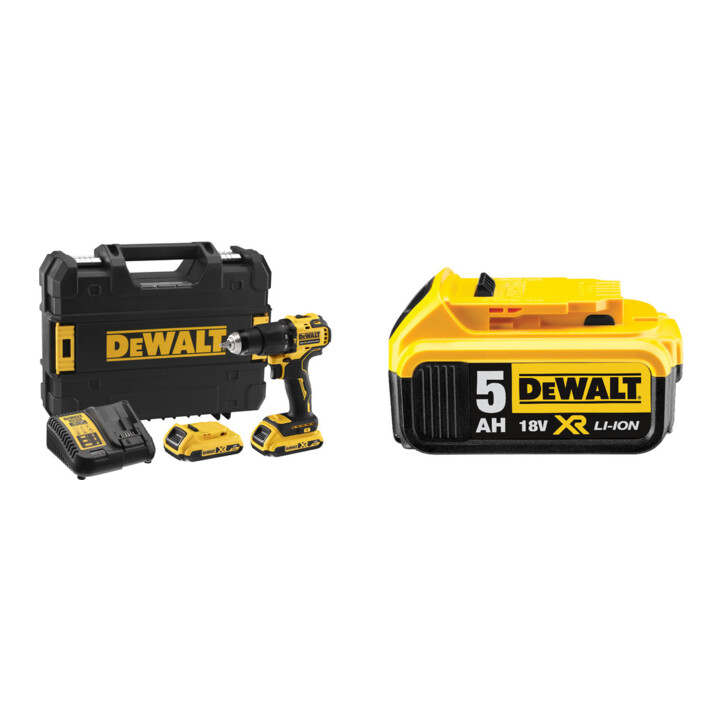 Set DeWalt Akku-Schlagbohrschrauber DCD709D2T-QW, 18 V, 2 Ah + Ersatz-Akku DCB184-XJ
