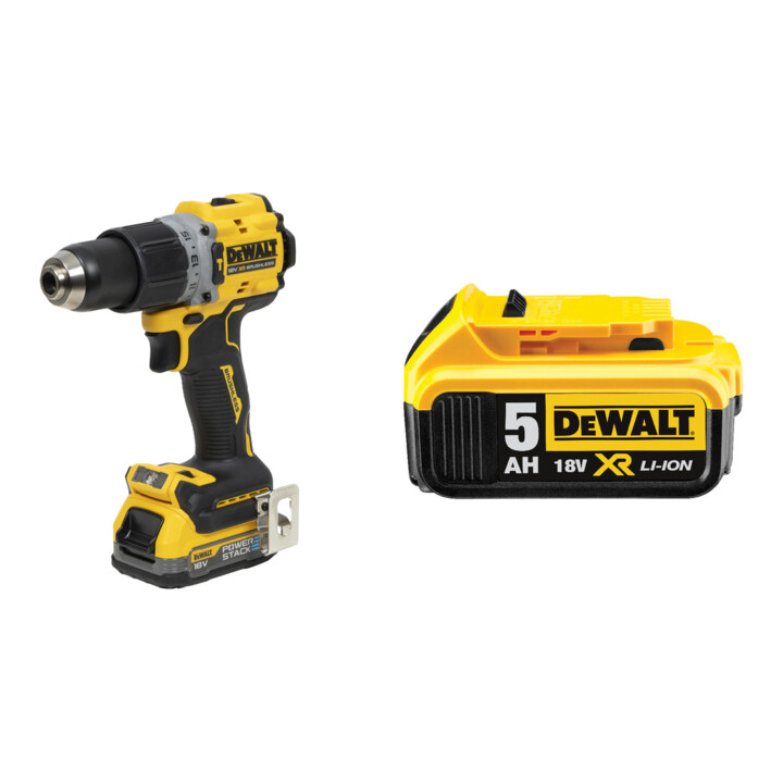 Set DeWalt 18V XR Akku-Schlagbohrschrauber (bürstenlos) inkl. 2x Powerstack Akku (18 Volt / 1,7 Ah) mit Pouch-Akku Technologie DCD805E2T-QW + Ersatz-Akku DCB184-XJ